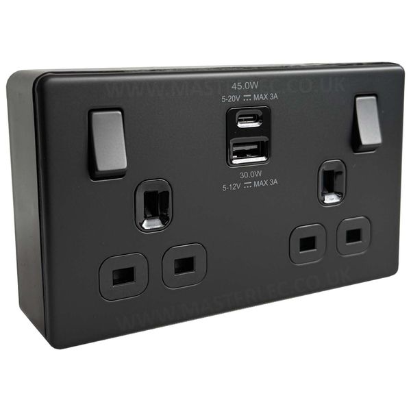Matt Black Screwless 45W USB Double Socket & 32mm Black Surface Pattress Back Box
