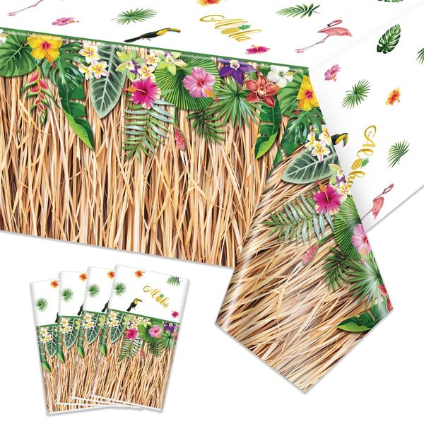 PIXHOTUL 4 Pack Hawaiian Luau Grass Tablecloths, Hawaii Luau Table Skirt Party Decorations, Tropical Palm Tablecover for Summer Beach BBQ Tropical Ahola Party Baby Shower, 86 x 51in