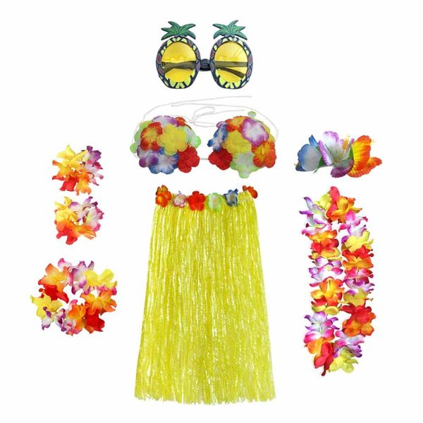 8PCS Hula Skirt Costume Hawaiian Leis Dancer Dress Set with Flower Bikini Top, Hawaiian Lei, Hibiscus Hair Clip, Pineapple for Adults Fancy Dress Supplies Party Summer Beach Tropical Party - Yellow