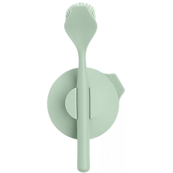 Brabantia - Sinkside Washing Up Brush with Suction Cup Holder - Sink Accessory - Ergonomic Handle - Durable - Built-In Scraper - Dish Brush Holder - Kitchen Organiser - Jade Green - 11 x 5 x 24 cm