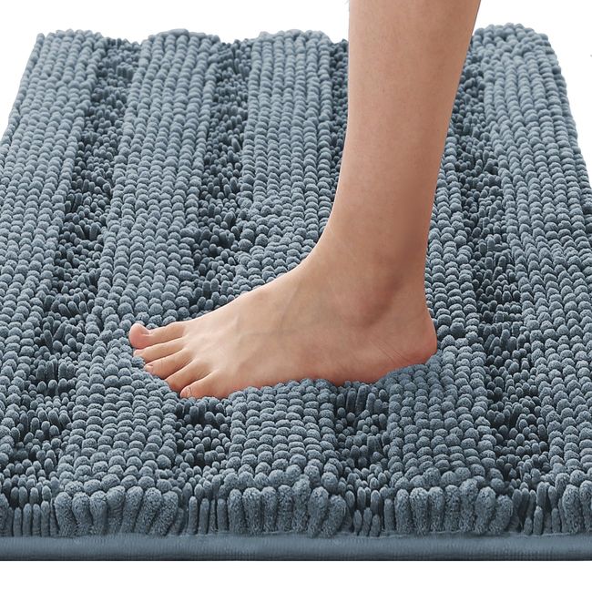 H.VERSAILTEX Bathroom Rugs Bath Rugs for Bathroom Non Slip Bath Mats Extra Thick Chenille Striped Rug 17" x 24" Absorbent Soft Shaggy Washable Dry Fast Bath Mats for Bathroom Floor - Stone Blue