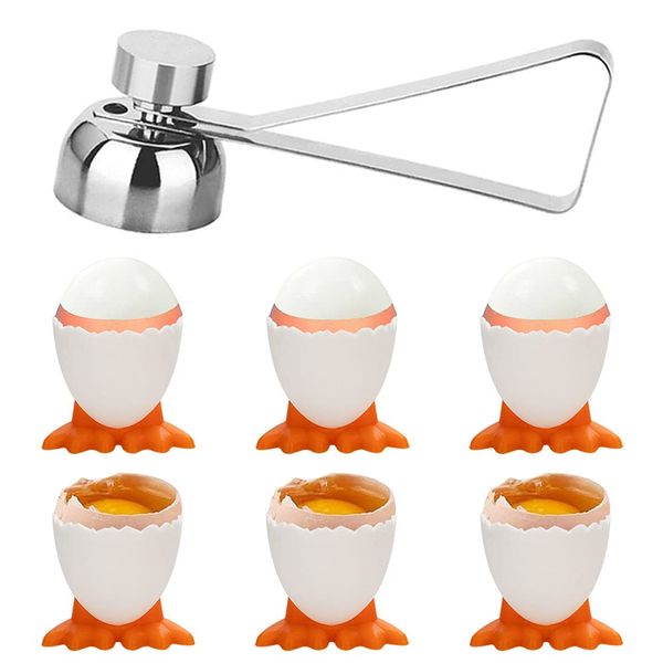 TANCUDER 6 PCS Egg Cups Novelty Easter Egg Holder Stand Chicken Egg Cups Eggcups with Stainless Steel Eggshell Cutter Topper Egg Cracker Opener Remover Kitchen Tool for Raw Soft Hard Boiled Egg