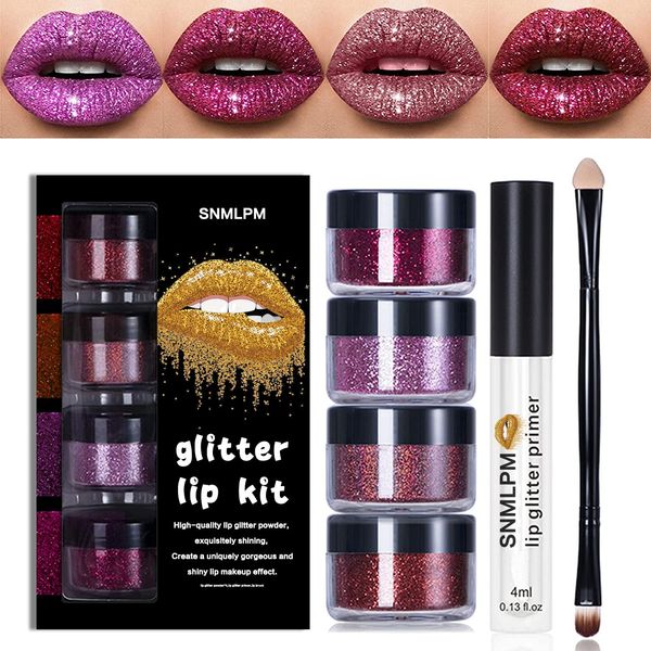 4 Farben Glitter Lip Kit Gloss, Metallic Shimmer Glitter Powder, Kawaii Glitter Lippenstift, mit Lip Primer und Pinsel zur Herstellung von Metallic Glitter für Lippen und Nägel