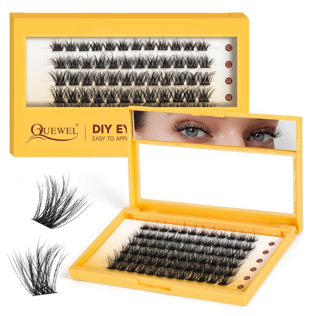 QUEWEL Lash Cluster 72 Stk, gemischte Wimpern Cluster 10–16 mm, 3D DIY Wimpernverlängerungen, weiche und flauschige Einzelne Wimpern Extensions, erzeugen natürlicher Look zu Hause (LTM01-MIX10–16 mm)