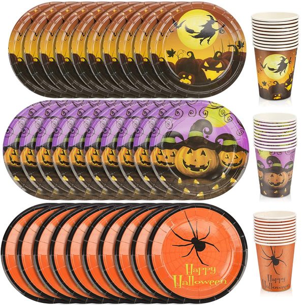 Halloween Partygeschirr Set, 60 Stück Tableware Set Party mit Becher und Teller für Halloween Geburtstag, Halloween Papiergeschirrset, Partygeschirr Kindergeburtstag