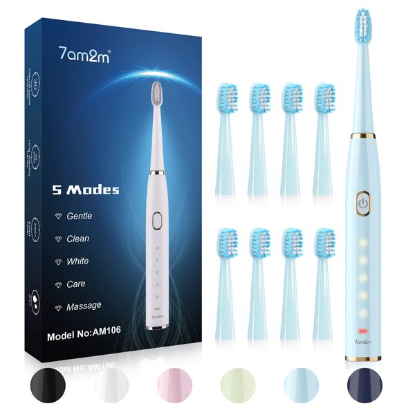 7AM2M Sonic Electric Toothbrush for Adults and Kids- High Power Rechargeable Toothbrushes with 8 Brush Heads,5 Adjustable Modes, Built-in 2-Minute Smart Timer,4 Hours Fast Charge for 75 Days(Blue)