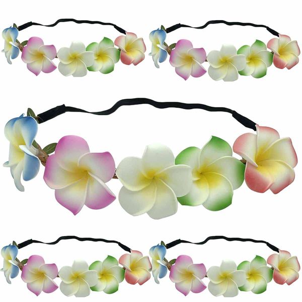 Pursuestar 5Pcs Foam Hawaiian Frangipani Artificial Plumeria Flower Hair Wreath Floral Garland Headband Crown for Festival Wedding Party Beach Vacation -Mix Colors