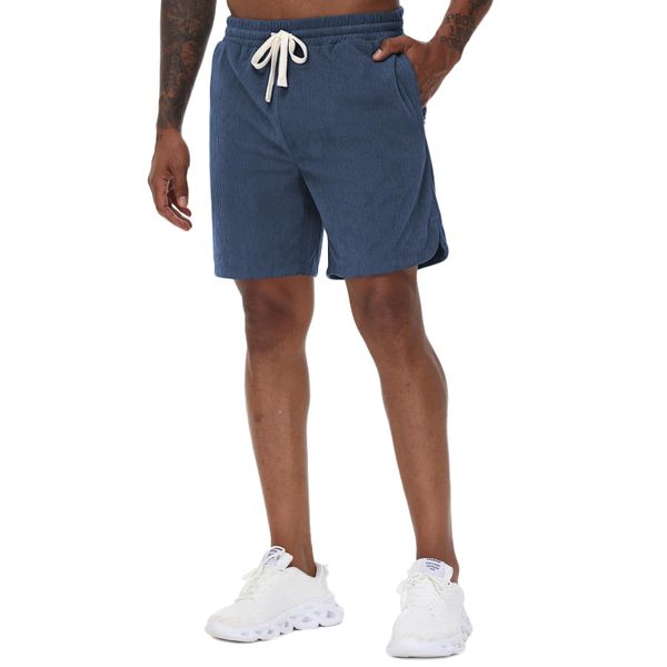 YuKaiChen Mens Corduroy 7" Shorts Drawstring Casual Summer Shorts with Zipper Pockets and Side Slits Size 32 Dodger Blue