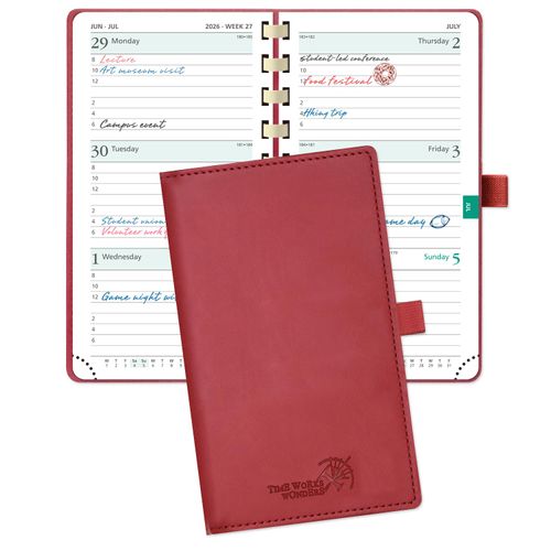 POPRUN 2026 Pocket Planner (Slim Size 3.5" x 6.5") Weekly and Monthly Calendar for Purse, with Hourly Time Slots, 100GSM Thick Paper, Spiral Soft Cover, Pen Holder - Burgundy Red