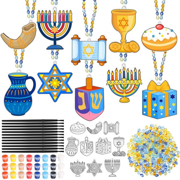 Dunzoom 30 Set Hanukkah Craft Kit Chanukah Suncatchers Kits Window Art Hanukkah Menorah Dreidel DIY Suncatchers Make Your Own Suncatcher Paint Sun Catchers Ornaments for Jewish Art Craft Activity