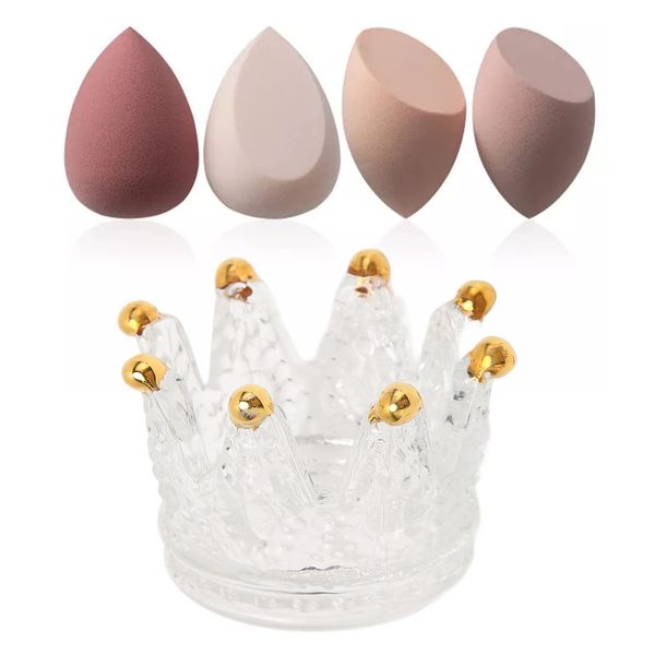 Agatige Makeup Puff Rack Sponge Holder, Glass Material Crown Design Egg Puff Drying Stand Frame Rack Beauty Blender Case Holder for Home