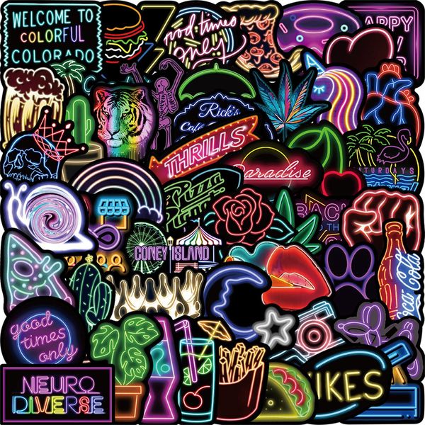 50 Pcs Cool Neon Sign Vinyl Stickers for Kids Teens Waterproof Water Bottle Stickers Pack for Laptop Phone Case Guitar Skateboard Helmet Bike Car Decals School Carnival Party Favors Supplies (A-024)