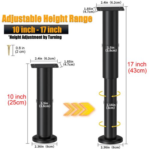 Wlrrcwdttc 2 Pcs Adjustable Height Bed Support Legs for Bed Frame/Bed Center Slat, Metal Adjustable Furniture Legs 10-17 inch for Bed/Sofa/Cabinet/Couch/Dresser/Table -Heavy Bed Replacement Legs