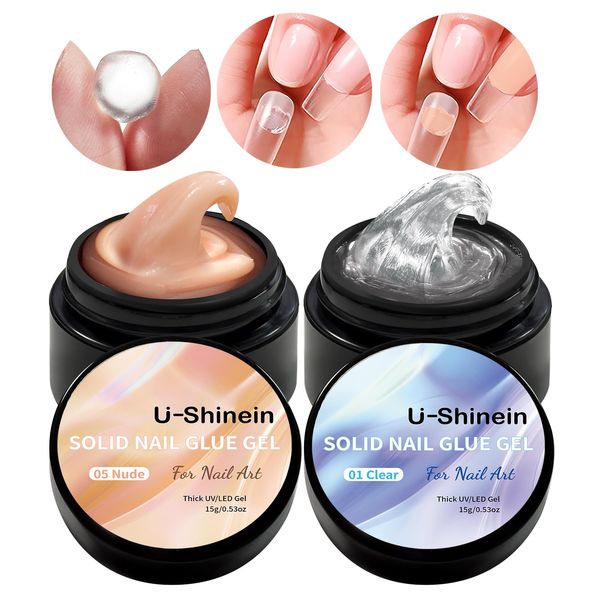 U-Shinein 2 * 15 ml Solid Nail Glue Gel, Nail Tips Glue Gel for Acrylic Nails, Press on Solid Glue Gel, Nail Art Manicure Glue Gel, Apricot+Transparent