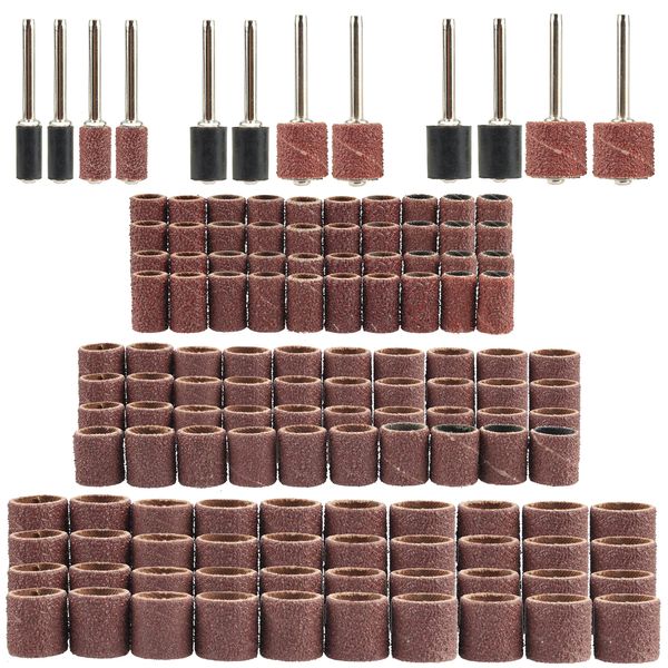 Yakamoz 132Pcs Sanding Drums Kit, 80 120 180 Grit Sanding Bands Mini Drum Sander Sleeves with 3mm Shank Drum Sanding Mandrels for Drill Dog Nail Grinder fits Dremel Rotary Tools