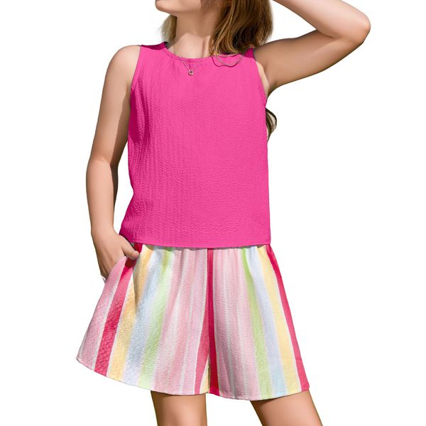 Arshiner Mädchen Bekleidungssets Ärmellose Tank top mit Shorts Kinderkleidung Set Freizeit Mädchenkleidung Sommeroutfit Rose red Streifen 140 9-10 Jahre