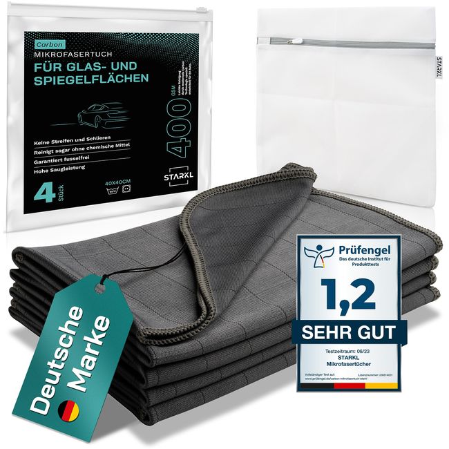 STARKL® 4X Mikrofasertücher für Autoscheiben, Fenster, Spiegel, Displays- Scheibenreinigungstücher Auto - Fenstertuch streifenfrei in 40x40cm - Carbontuch - fusselfreie in 400GSM