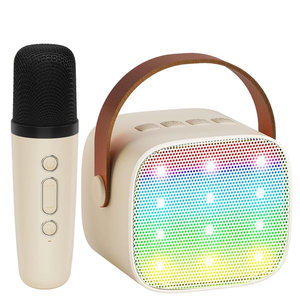 YLL Mini Kids Karaoke Machine, Portable Bluetooth Speaker with Wireless Microphone for Adults, Karaoke Toys Gifts for Girls Ages 4, 5, 6, 7, 8, 9, 10, 12 +Year Old Birthday Party (Beige)