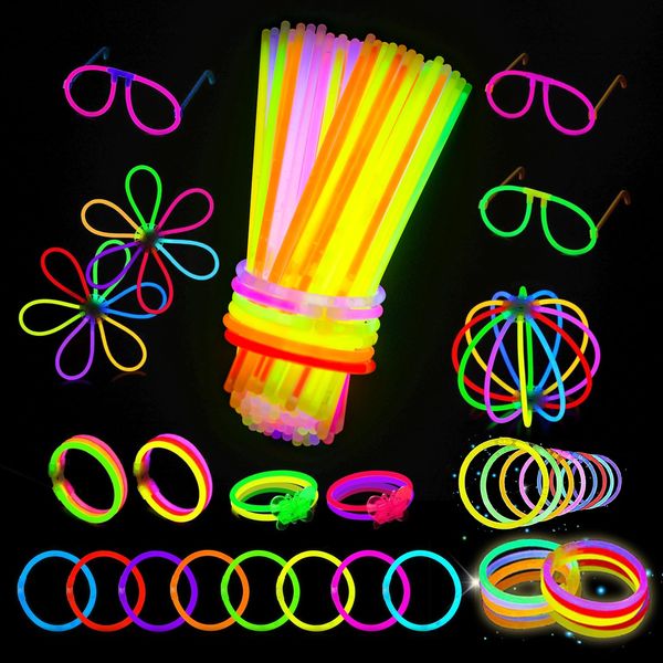 Kangtaixin 100 Knicklichter Leuchtstäbe - Knicklichter Party Set mit 7 Farben, 122 Verbinder für Armbänder, Neon Gadgets für Party, Hochzeit, Silvester und Feuerwerk