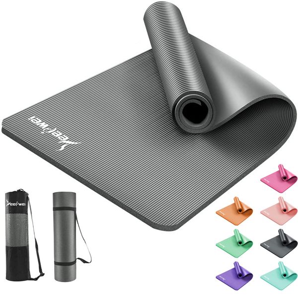 Yoga Mat, Training Mat, Exercise Mat, Foldable, LEEPWEI Yoga Pilates Mat, Thickness 10mm, Lightweight, Durable, Gentle on the Skin, High Density, Nitrile Rubber, Anti-Slip, Soundproof Mat, Strength Training, Straps, Storage Mat Bag (Gray)