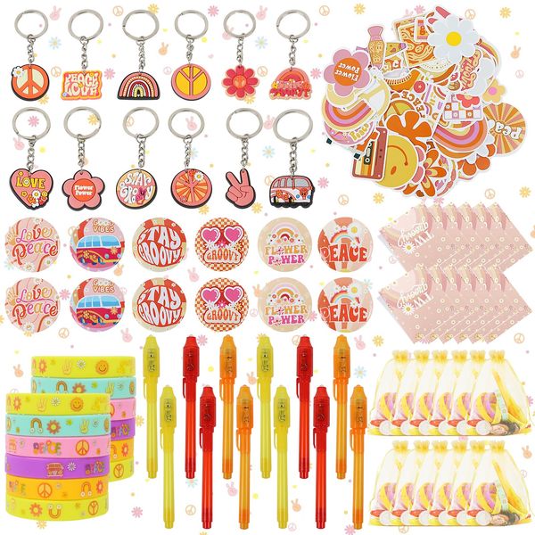 TKNOUS 122pcs Groovy Party Favors Hippie Party Favor include Silicone Wristbands Keychains Badges Stickers Pen Notebooks Organza Bags for Retro Groovy Birthday Party Class Reward Supplies