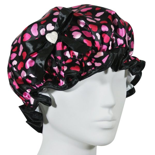 Kella Milla Stylish Satin Shower Cap - Hearts & Black Bow