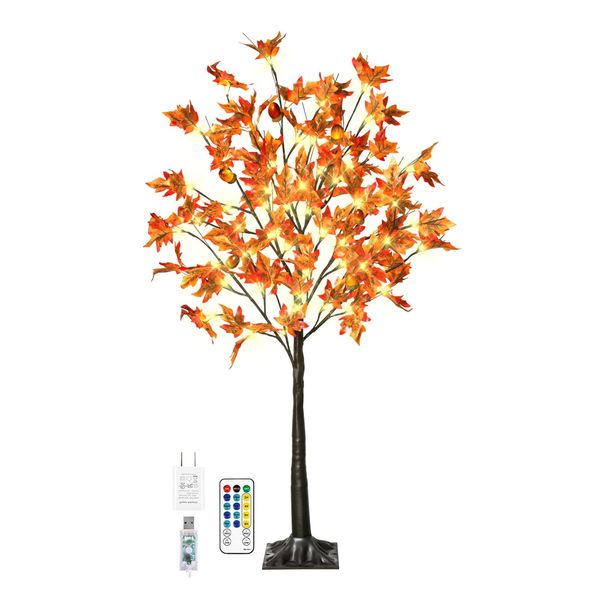 4FT 60LED Lighted Maple Tree - Fall Thanksgiving Decor Artificial Tree with 6...