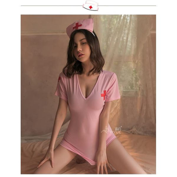 Cosplay Nurse Women's Perforated Sexy Lingerie, See-Through, Lace, Poon Crotch, Skisketing, Extreme, Temptation, Inner Final Item, Pink