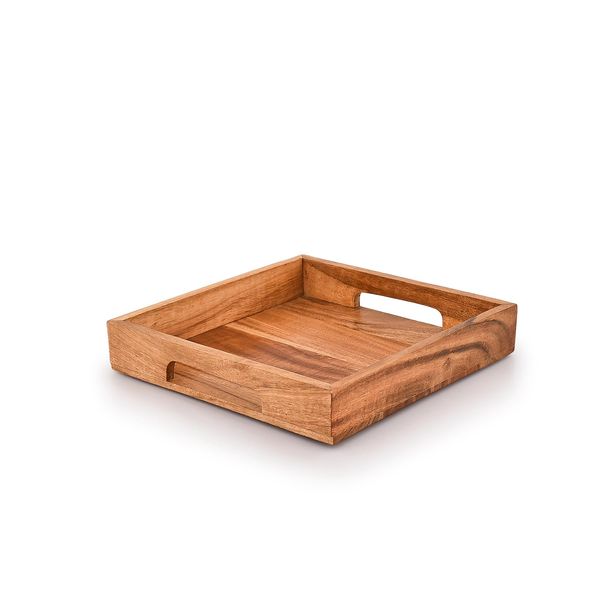 Samhita Acacia Wood Serving Tray with Handles,Wooden Serving Tray, Snack Tray, Breakfast Tray, Great for, Breakfast, Coffee |Size- 25.4cm x 25.4cm x 4.06cm