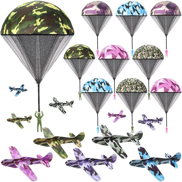 Jerify 20 PCS Parachute Toys and Camouflage Foam Airplanes Set, Parachute Army Men Toys Army Hand Throw and Foam Glider for Boys Outdoor Party Favors (Elegant Style)