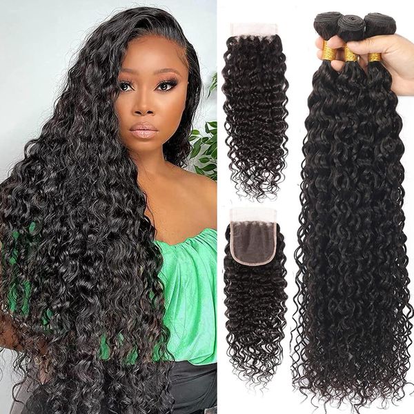 Brazilian Water Wave 4 Bundles with Closure Wet and Wavy Bundles with 4x4 Free Part Lace Closure Human Hair Curly Wave Virgin Human Hair Bundles with Closure Natural Color(20 22 24 26+18)