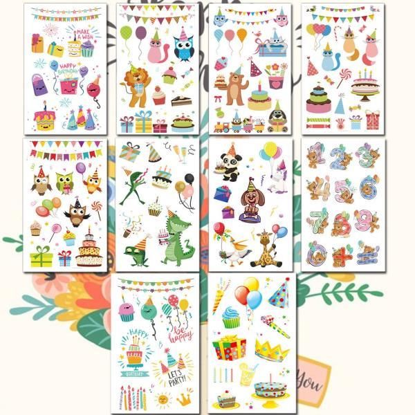 Happy Birthday Temporary Tattoo Stickers, Animal Number Fake Face Eyes Waterproof Party Supplies, 10 Pieces