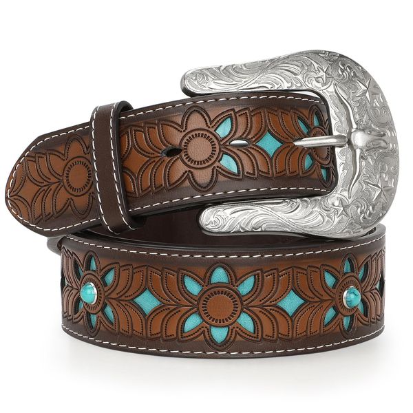 WERFORU Western Leather Belt for Women Cowgirl Bling Country Turquoise Faux Leather Belt for Jeans Pants