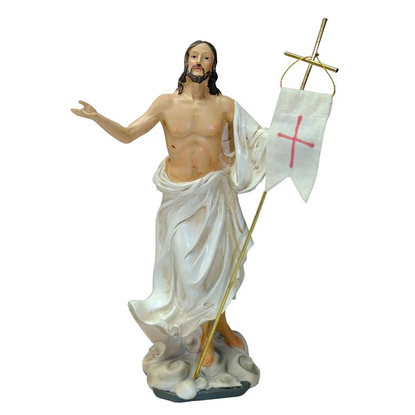 Kaltner Präsente Geschenkidee - Heiligenfigur Jesus Christus mit Fahne Osterfahne 30 cm - Handbemalte Statue auf Sockel - Hochwertiger Kunstguss aus Resin – Dekoration