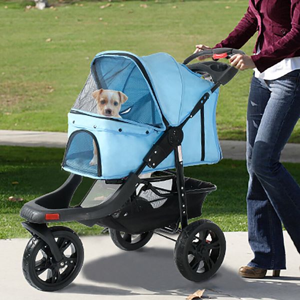 CARSTY Foldable Pet Jogger Stroller 3 Wheels Dog Cat Storage Cart Cup Holder