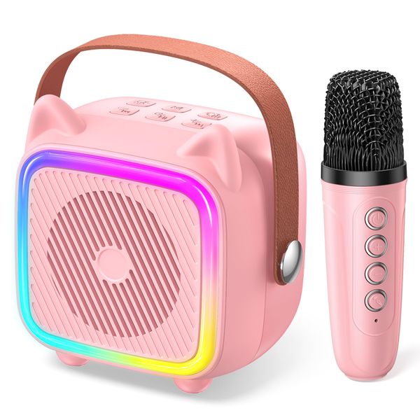 Mini Karaoke Machine for Kids, Portable Bluetooth Speaker with Wireless Microphone, Toys Gifts for Girls Ages 4, 5, 6, 7, 8, 9, 10, 11, 12+ Year Old Birthday Gift Parties Christmas (Pink 1 Mic)