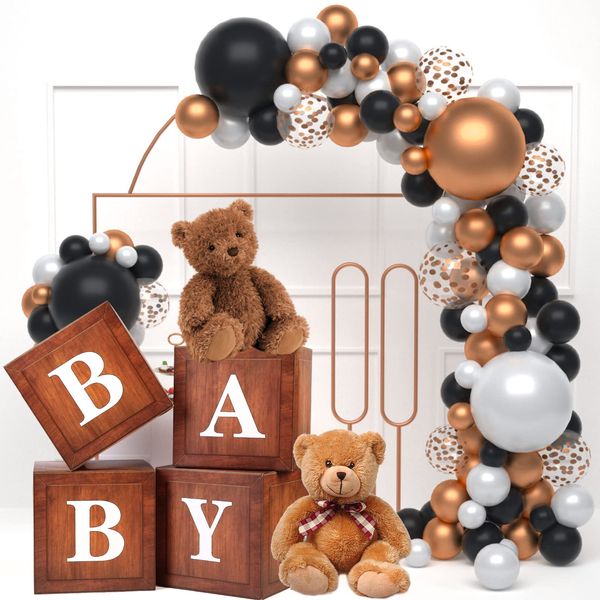 WLMALL Wood Baby Shower Boxes for Birthday Party Decorations - 4 Grain Brown Blocks with Printed Letters, Gender Reveal Backdrop,Teddy Bear Supplies, First Centerpiece Decor