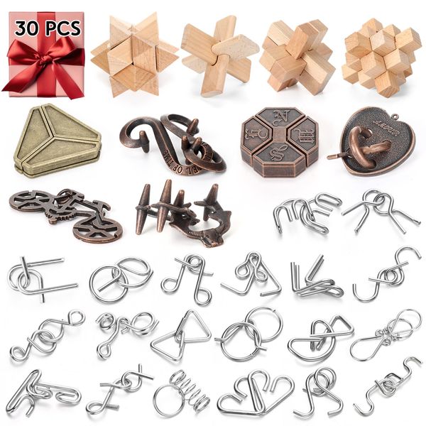 Seenelling 30 Pcs Brain Teaser Puzzles Wooden and Metal Cast 3D Unlock Interlocking Puzzles Gift IQ Educational Smart Puzzle Toys for Teens Adult Puzzles