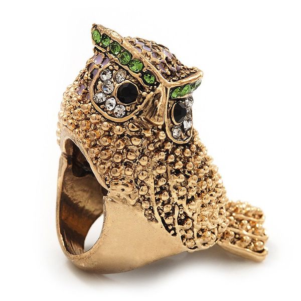 Vintage Chunky Textured 'Owl' Ring In Antique Gold Metal (heavy) - size N