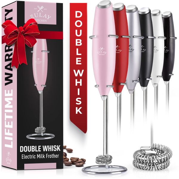 Zulay Kitchen Powerful Double Whisk Milk Frother Handheld - Foam Maker With Stand - Whisk Drink Mixer for Coffee, Mini Foamer for Latte, Matcha, Frappe, Hot Chocolate & Cappuccino - Pink