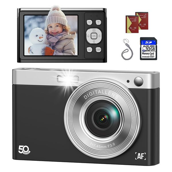 Digital Camera, FHD 1080P Kids Camera Autofocus 50MP Point and Shoot Digital Cameras with 32GB SD Card, 16X Zoom Anti Shake, Two Batteries, Lanyard, Compact Small Camera for Kids Boys Girls Black