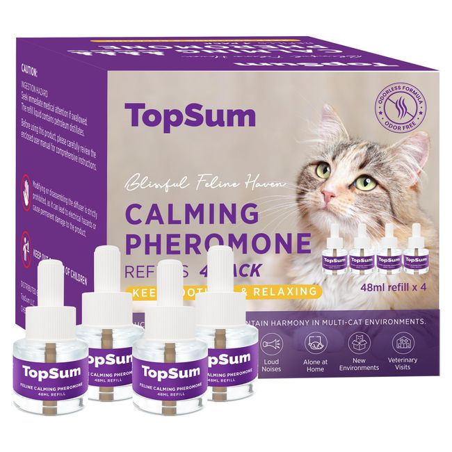 TopSum Cat Calming Diffuser Refills: 4 Pack Cat Pheromones Calming Diffuser Refill - Premium Cat Calming Diffuser Refill - Cat Pheromones for 4-Month Use, Cat Anxiety Relief, 4 Pack (Purple)