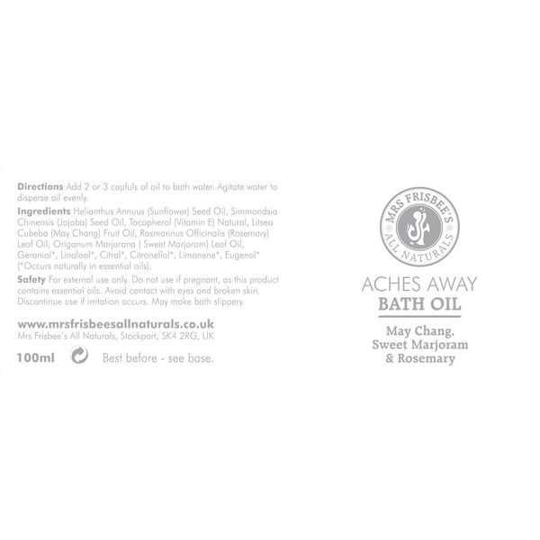 Aches Away Aromatherapy Bath Oil / Made with May Chang, Rosemary and Sweet Marjoram Pure Essential Oils, Pure Cold Pressed Oils of Jojoba Seed Oil, Sunflower Seed Oil and Natural Vitamin E / Handmade / Natural / Vegan / Cruelty Free (100ml)