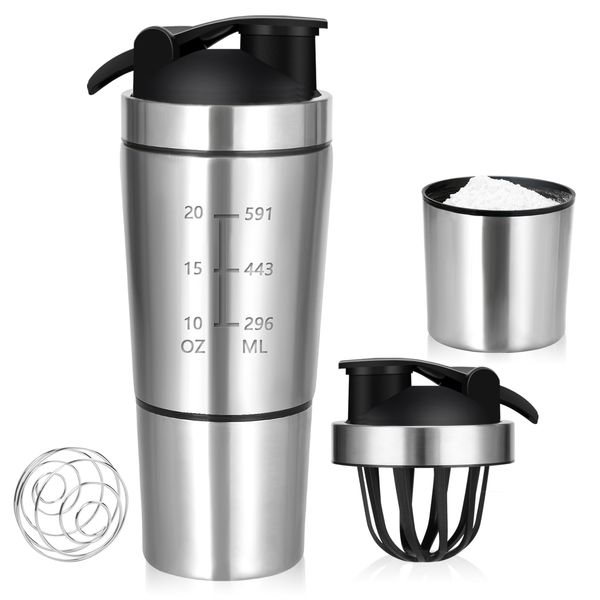 700ml Protein Shaker with 200ml Storage Cup, Metal Protein Shaker With Mixball, BPA Free&Leak-Proof Shaker Bottle For Protein Shakes, Stainless Steel Protein Shaker with Storage&Shaker Ball, Silver