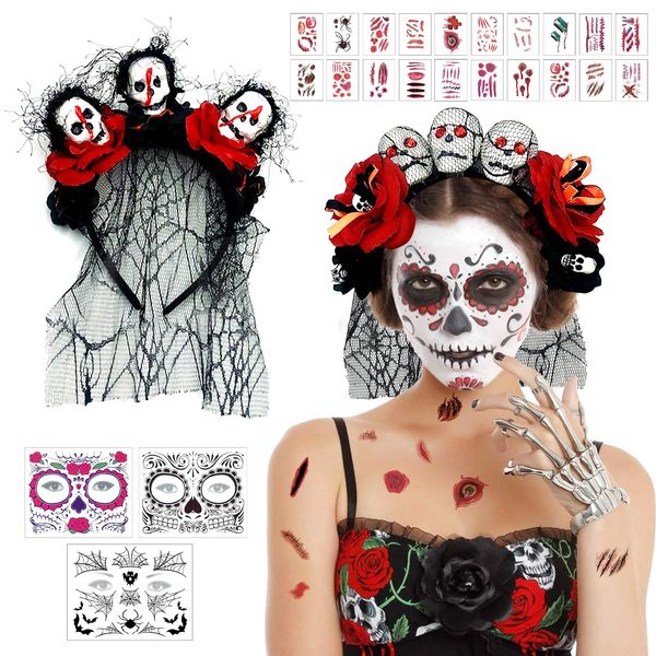 Giorno dei Morti Rose Cerchietto,Fascia del Giorno dei Morti,Il Giorno del Velo Morto,Fascia Messicana con 3 Tatuaggi per il Viso e 20 Adesivi per Tatuaggi,Halloween Costume Accessorio per Donna（D）