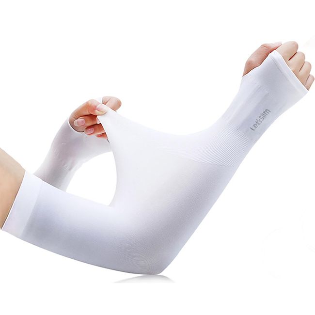 Arm Cover, Women's, Men's, Summer, Cooling Sensation, UV Protection, Left & Right Set, Finger Holes, Cooling Sensation to Contact - 5°C, UV Protection, Sunburn Protection, Sweat Absorbent, Quick Drying, Anti-Slip, Breathable, Stretchable, Unisex (White)