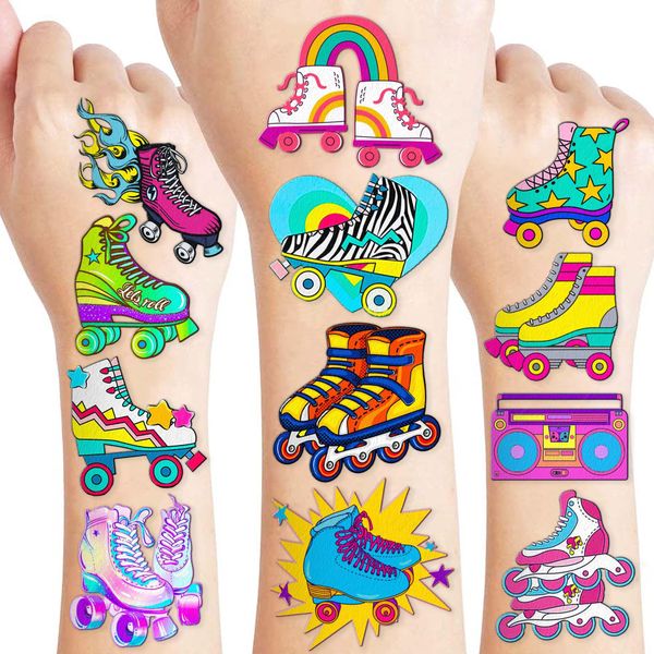 8 Sheets (96PCS) Roller Skate Temporary Tattoos 80s 90s Theme Birthday Party Decorations Supplies Favors Stickers For Kids Girls Boys Gifts Classroom School Prizes Rewards