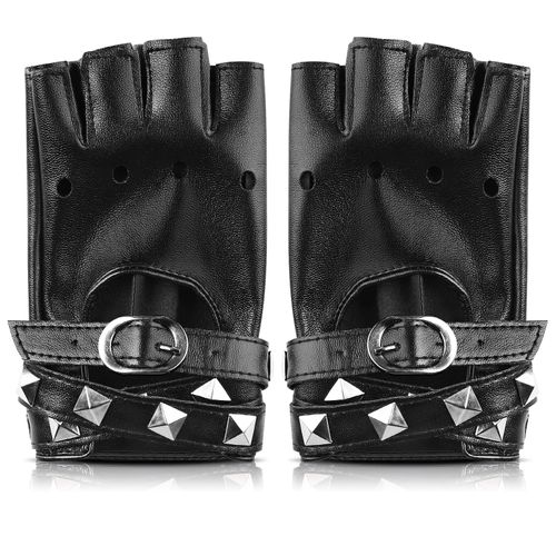 Accmor Leather Punk Gloves Fingerless Gloves for Women Driving Cycling Sports Cosplay Performance Half Finger Gloves for Women Teens Kids
