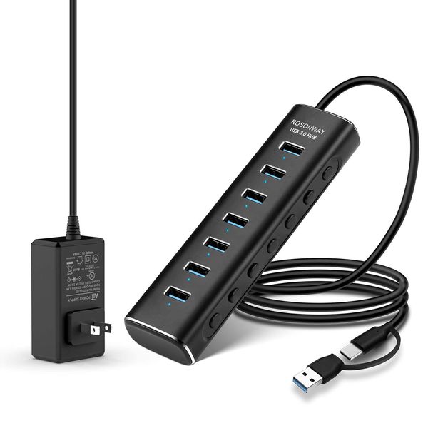 ROSONWAY USB HUB 3.0 with Power Supply, 7 Ports 2 in 1 Cable 24W USB Hub Aluminum 5Gbps High Speed Transmission, Both Self-Powered and Bus-Powered, 12V 2A Power Supply, Independent Switch