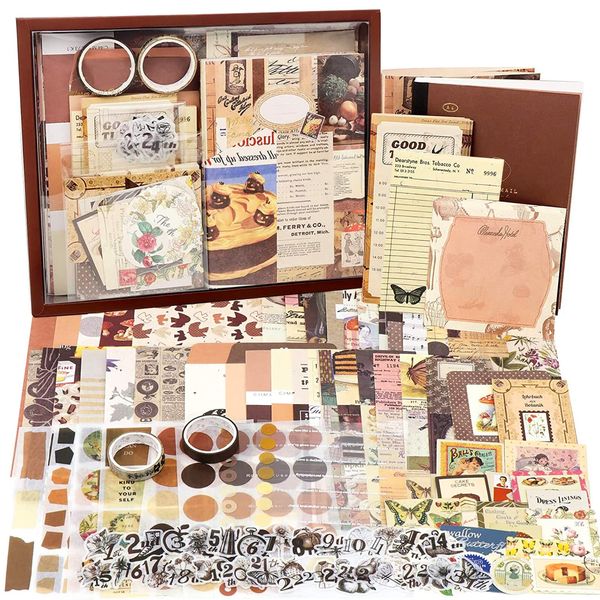 Irayin Vintage Scrapbook Zubehör Set, 155 Stück Bullet Journal Zubehör Set mit A6 Raster Notizbuch, Scrapbook Stickers, Reisebuch Geschenkset, DIY Geschenk für Mädchen Damen (Schokolade)